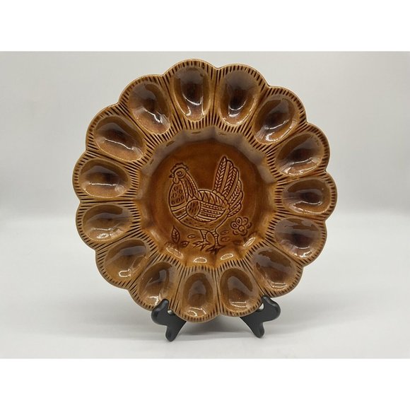 California Pottery Golen Brown Deviled Egg Plate, Made in USA - Picture 5 of 16